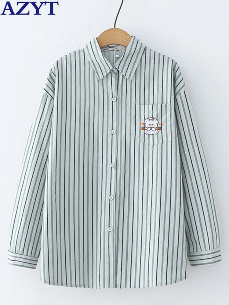 

AZYT Japanese Cartoon Embroidery Women's Shirt Fashion Stripe Casual Blusas Mujer de moda 2022 Spring Autumn Women Blouse