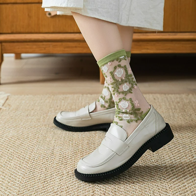 1pair Sock Women's New Fashion Spring Flower Cotton Casual Breathable Thin Transparent Women Crew Socks Trendy Cute High Quality