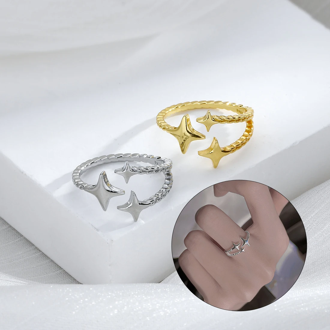 

New Copper Zircon Gold Plated Hollow Four Pointed Star Rings Female Birthday Party Open Adjustable Jewelry Gift