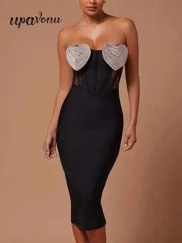 Женское облегающее платье без бретелек, черное облегающее вечернее платье с открытой спиной и сердечками, модель 2024 года