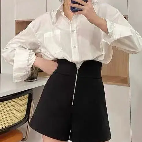 2023 Women Elegant High Waist  Zipper Fly All-match Chic Daily Solid Summer Wide Leg Shorts Suit Casual Design Basic W28