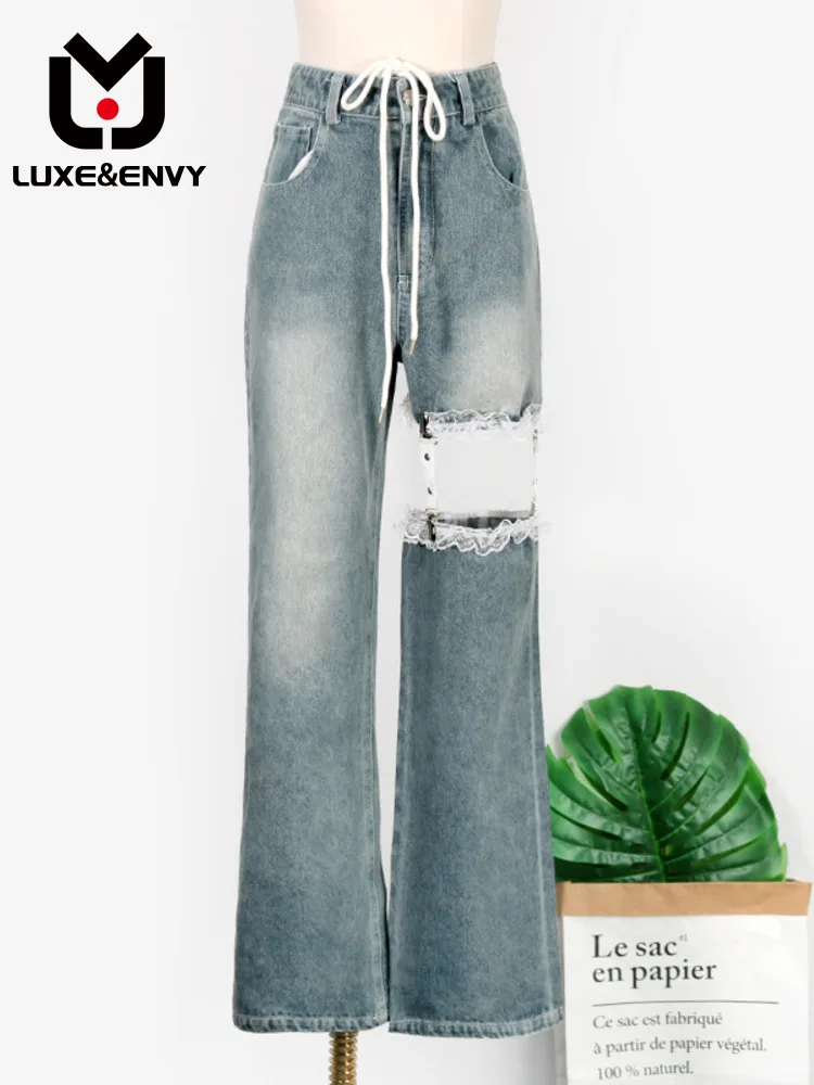 

LUXE&ENVY 2023 Spring Women Same Style Jeans Female Minors Design Sense Splice Hole Wide Leg Pants Floor Long Pants