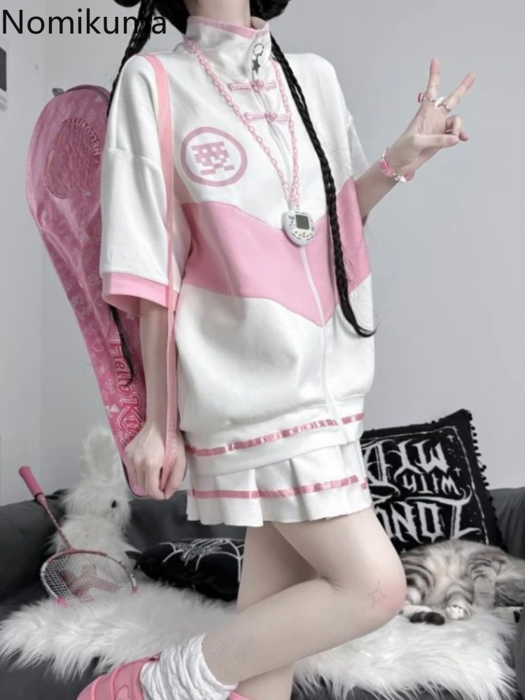 

Japanese Skirt Outfits Fashion Summer Two Piece Sets Women Clothing Zipper Oversized Tops A-line Pleated Mini Skirts Y2k Suit