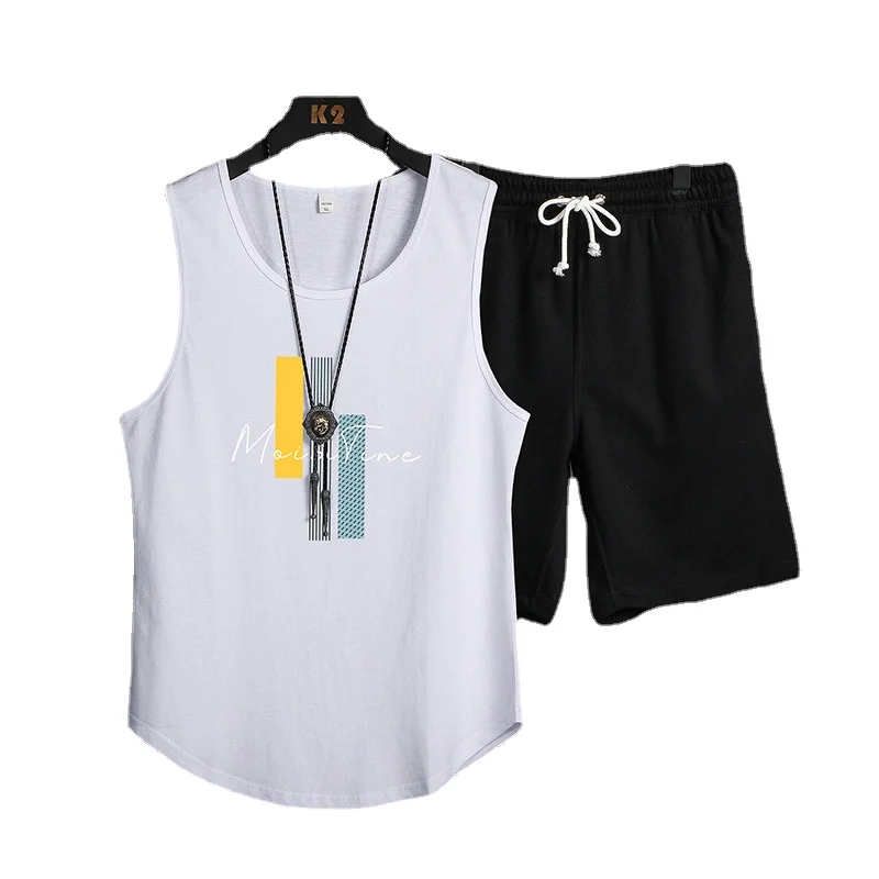 

Men's Sleeveless Vest Set Casual Sports Loose Student Print Youth Sleeveless Vest Two Piece Set Clothing Men Clothing 2022