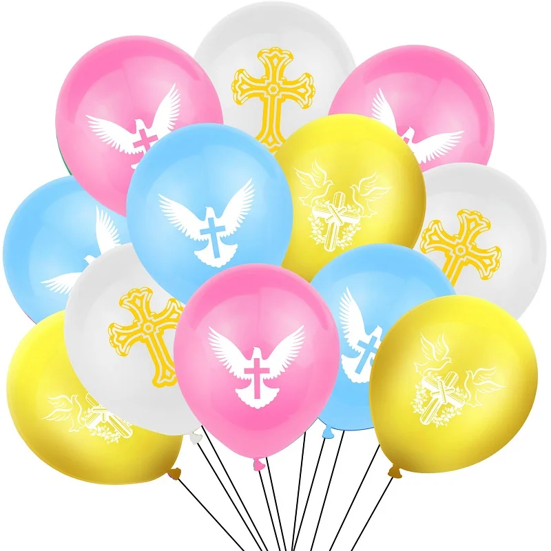 

12pcs God Bless Cross Latex Balloons Pink Baptism Balloons Forked Holy First Communion Party Christening Decoration Supplies
