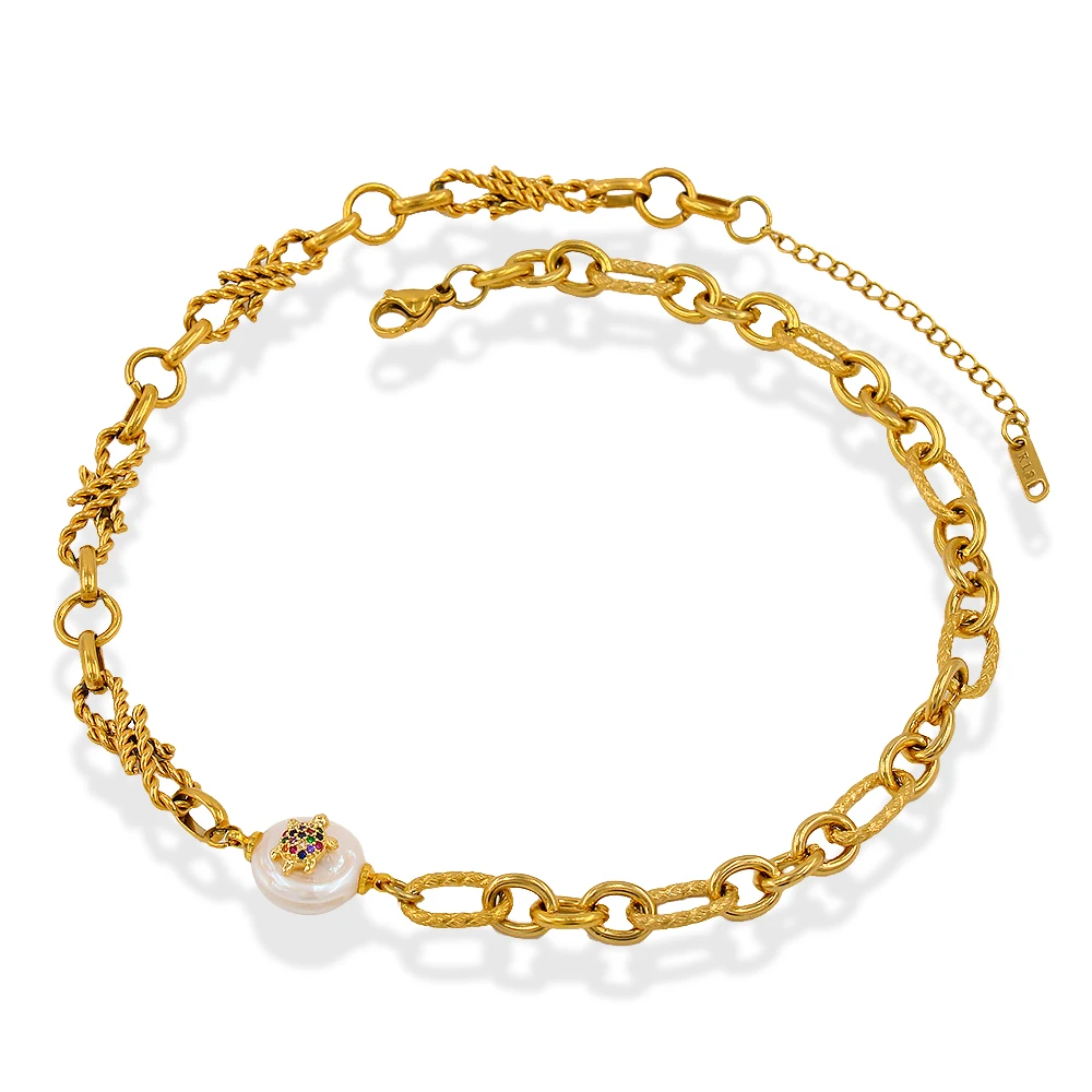 

Necklace for Women Stainless Steel Spiral Chain Natural Shell Pearl Inlaid With Colorful Turtle Choker Trending Products YS247