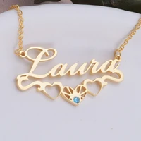 nokmit birthday stone custom name necklaces stainless steel chain zirconia necklace with heart personalized name custom jewelry