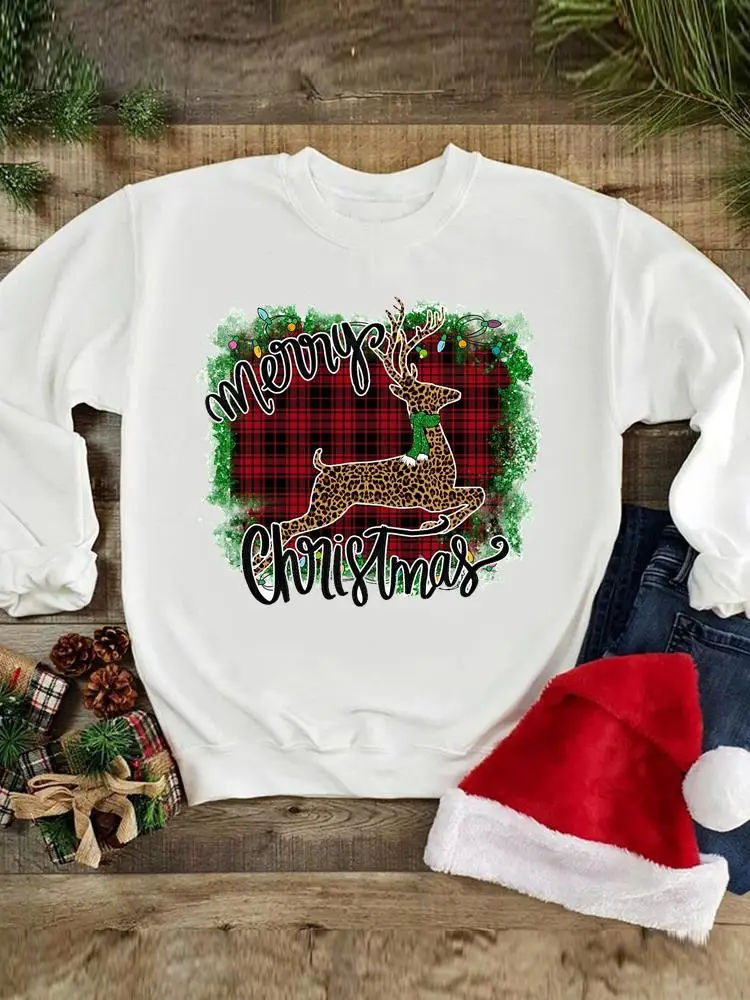 

Merry Christmas Happy New Year Sweatshirts Holiday Print Wear Plaid Deer Trend Fashion Women Clothing Graphic Pullovers