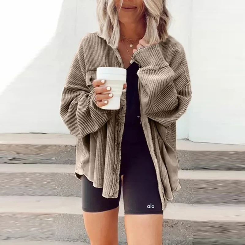 

Solid Color Ribbed Tops Lady Jackets Autumn Winter Fashion Breasted Button Elegant Women Coats Casual Loose Long Sleeve Outwears