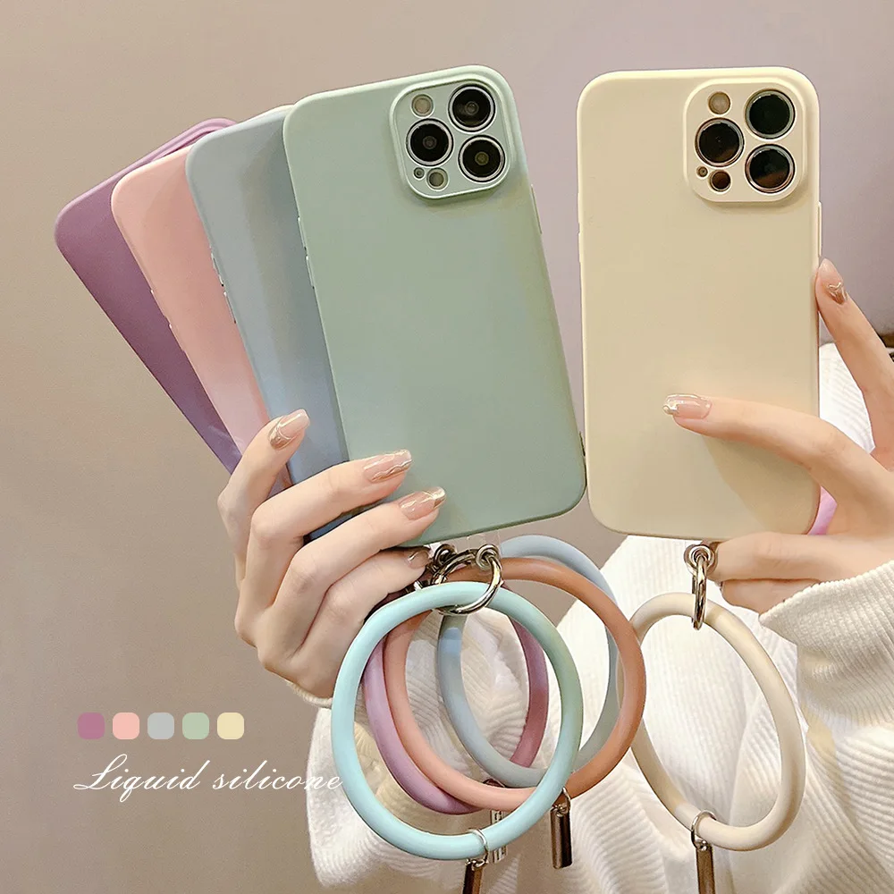 

Simple Liquid Silicone Phone Case with Bracelet for IPhone 14 13 12 11 Pro Mini XS Max 8 7 Plus X XR Shockproof Phone Cover