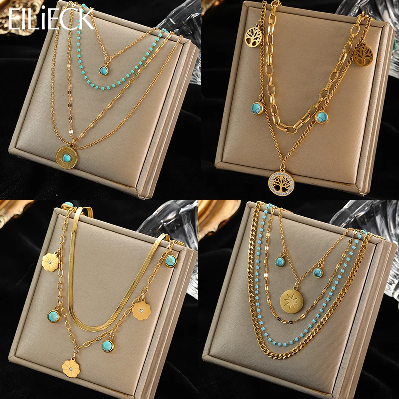 

EILIECK 316L Stainless Steel Jewelry Multilayer Green Stone Pendant Necklaces For Women Vintage Chokers Necklace Accessories