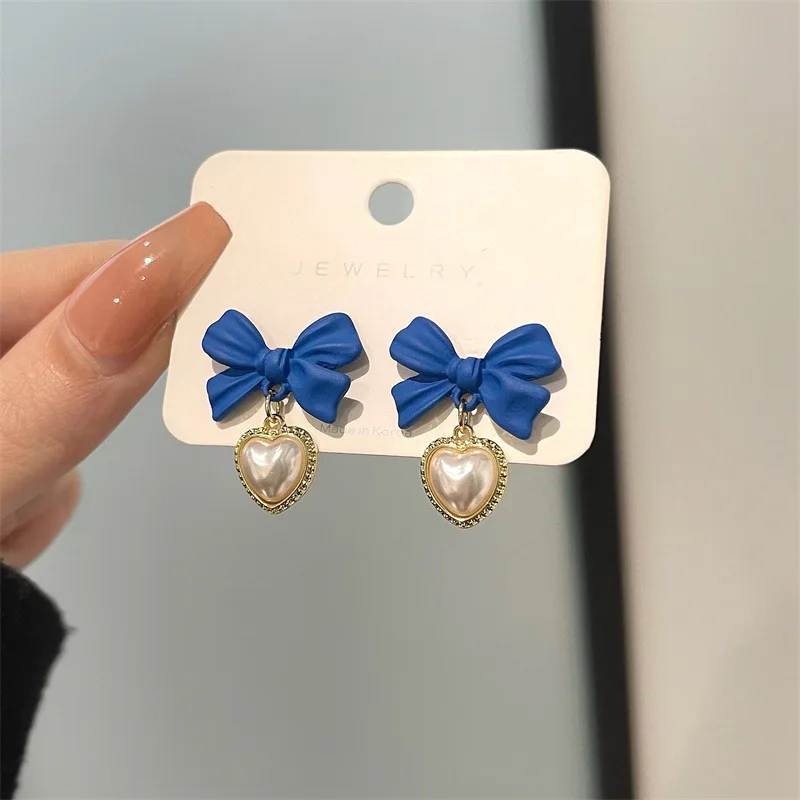 

New Bowknot Hearts Blue Drop Earrings Temperament Women Fashion Earrings Luxury Jewelry