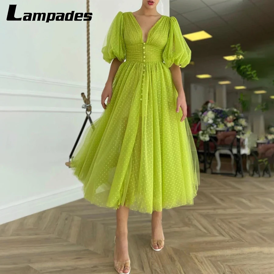 

V-Neck Bitter Lemon Green Tulle Evening Gown Buttoned Corset And Puff Sleeves Prom Dress Robe De Soirée De Mariage