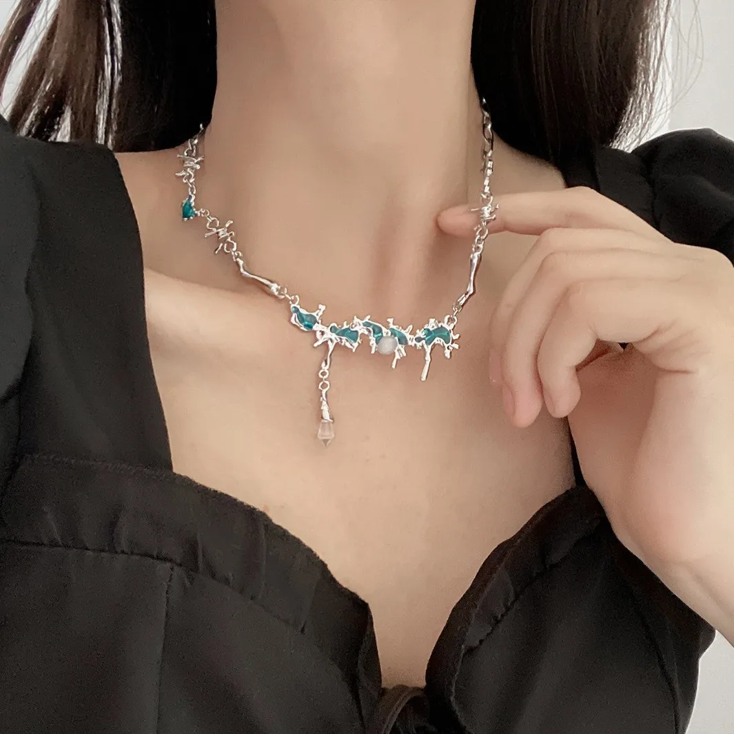 

RACHELZ Sweet Cool Style Stainless Steel Opal Stone Necklace For Women Star Sea Irregular Enamel Moonstone Necklace Chokers Gift