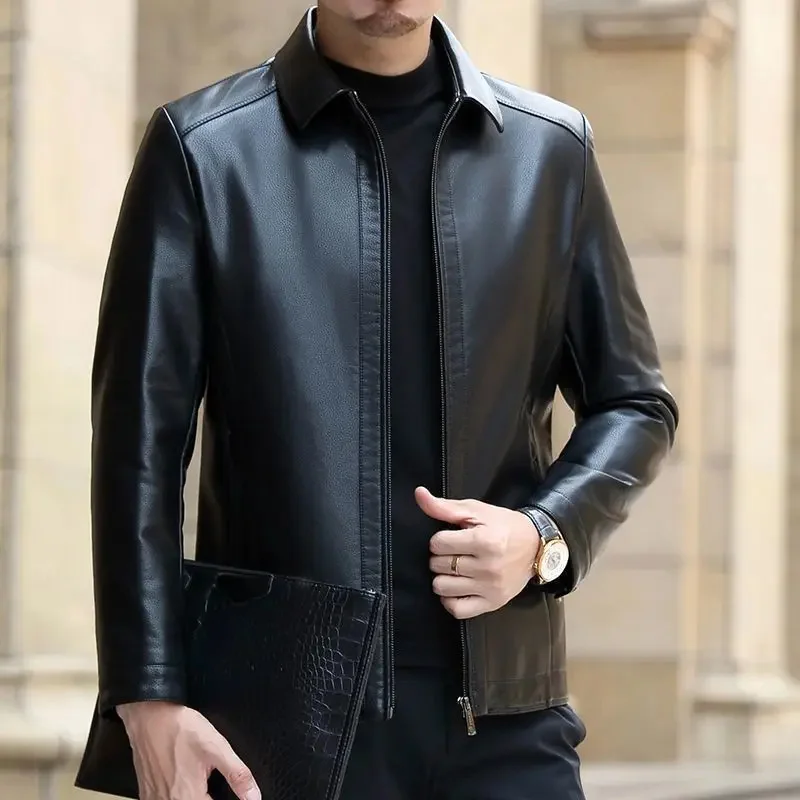 

Spring Autumn Men Genuine Cow Leather Jackets Solid Color Men Leather Coats