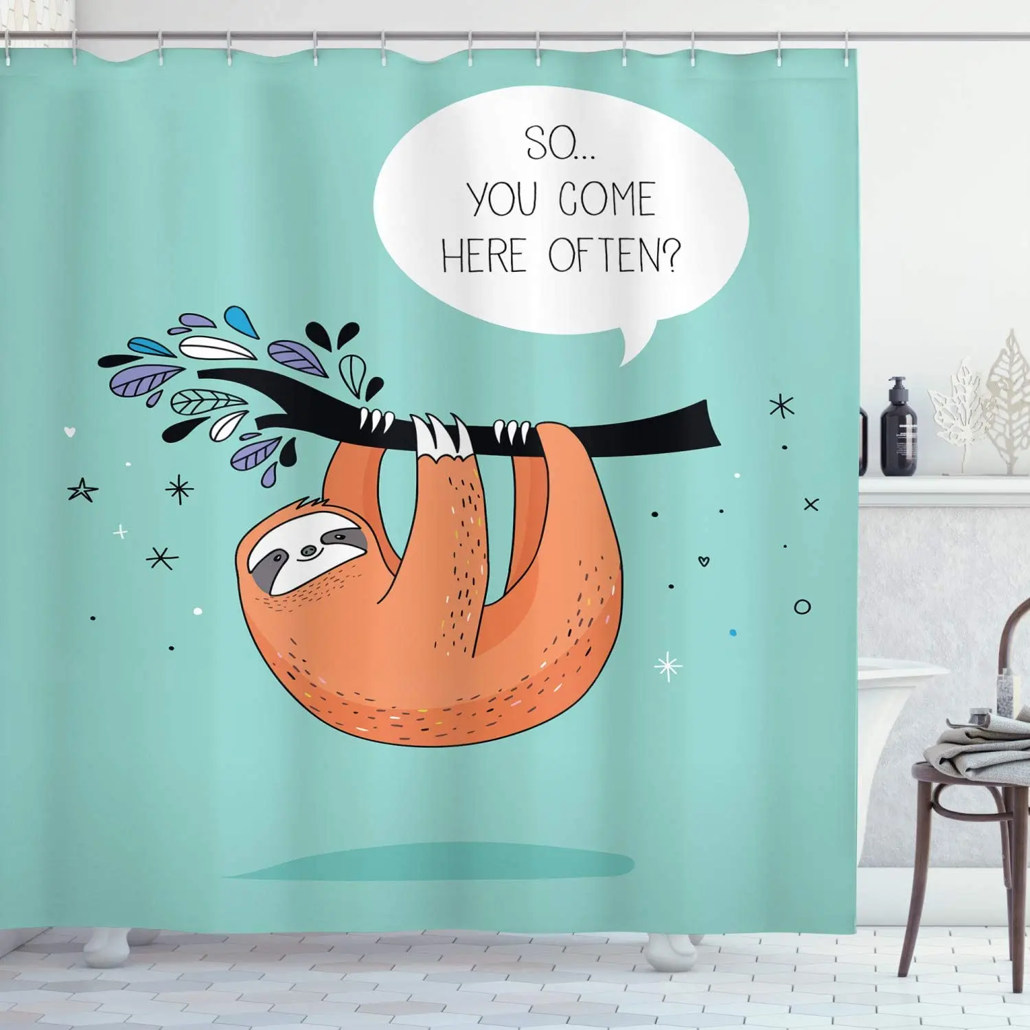 

Animal Shower Curtain, Cartoon Design Print Sloth with a Flirty Words So You Come Here Often Color Image, Cloth Fabric