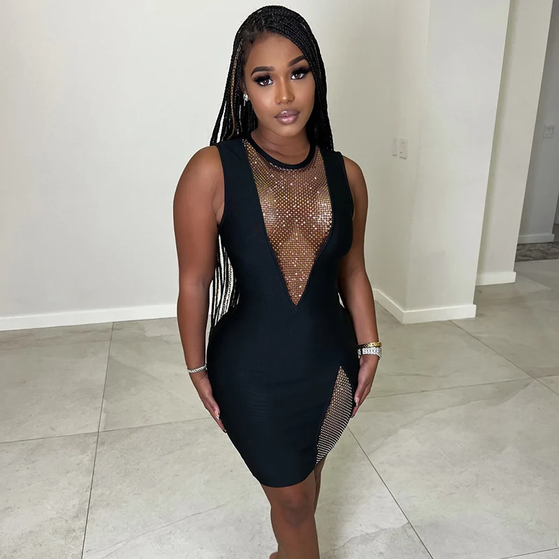 

Party Sexy Deep V Stitching Color Diamond Sleeveless Nightclub Patchwork See Through Bodycon Evening Birthday Dress for Women