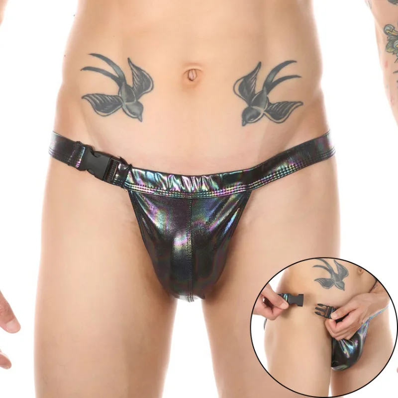 

Men's Metallic Laser Faux Leather Surfing Swim Shorts Sexy Side Buckle Swimming Briefs Night Stage Show Bikini Swimwear For Man