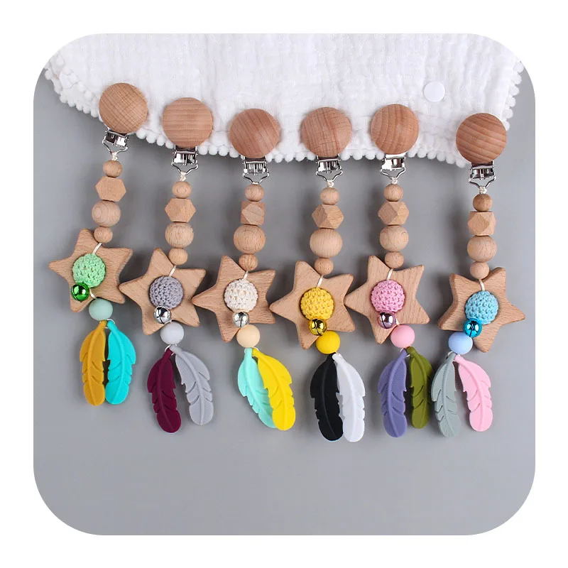 

DIY Silicone Feather Baby Teether Wooden Teething Toy Stroller Hanging Accessorie Pacifier Chain Dummy Clip Baby Shower Gift