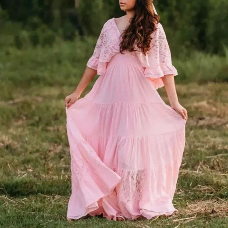 

Cute Maternity Photoshoot Dress Lace Female Pregnancy Shooting Dress Pregnant Woman Photography Session Clothes Baby Shower Gown