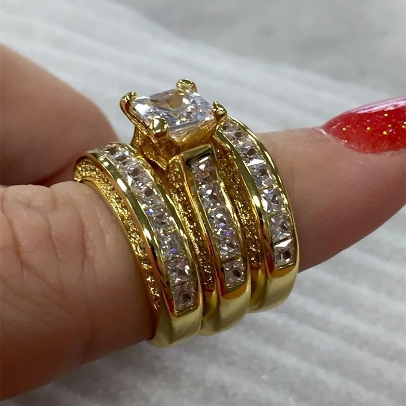 

New 3Pcs/Set Engagement Rings Fashion Silver Plated/Gold Color Set Ring for Women Wedding Accessories Inlaid with CZ Crystal