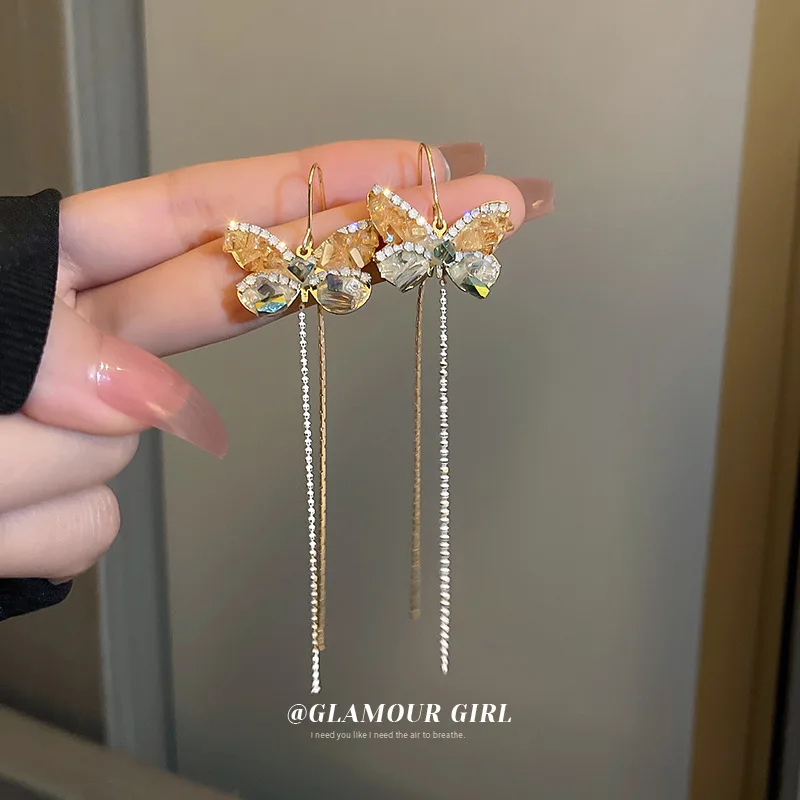 

French Minority Design Diamond Butterfly Tassel Earrings, Korean Temperament, Sense, Long Literary