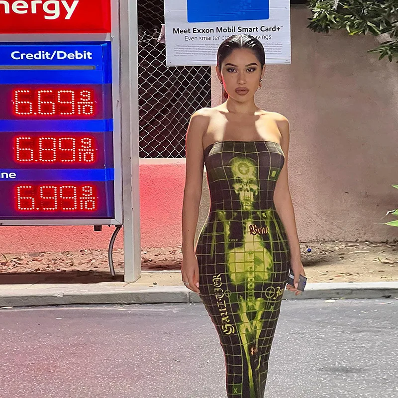 

Sexy Stunning Print Maxi Dress Woman Y2K Summer Elegant Party Clubwear Wrapped Chest Bodycon Hot Midnight Female Clothing