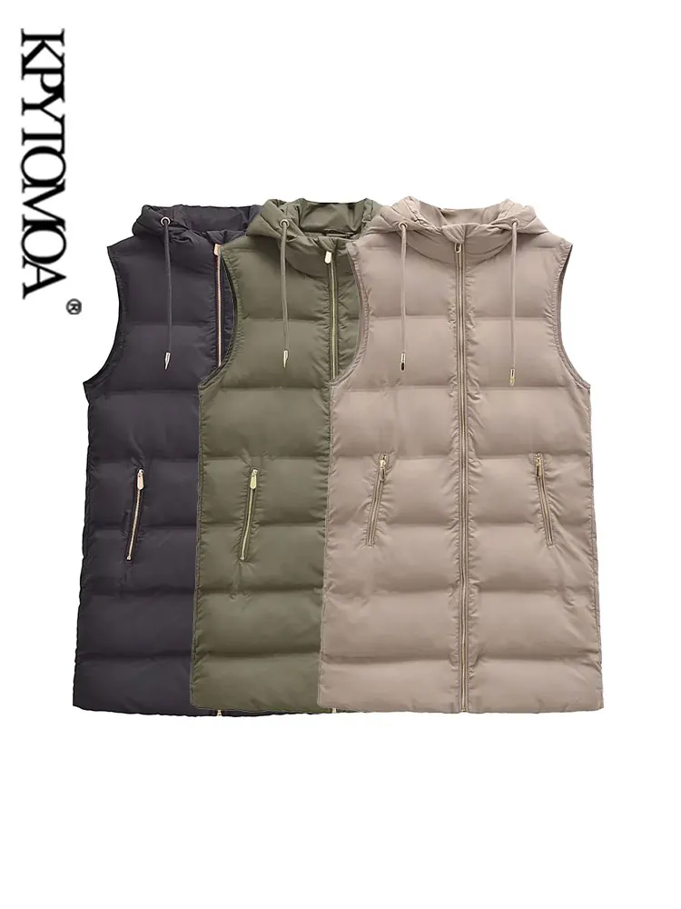 

KPYTOMOA Women Fashion With Drawstring Hood Long Puffer Coat Vintage Sleeveless Front Zipper Female Outerwear Chic Clothing