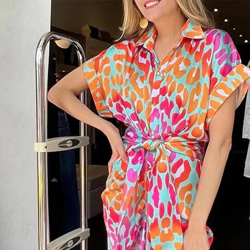 

Fashion Short Sleeve Turn Down Collar Lace Up Vacation Long Dress Outfits Streetwear Summer Women Casual Loose Bohemian Dress