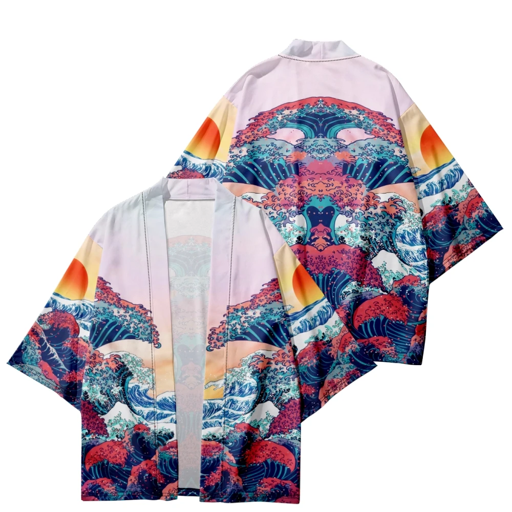 

Design Waves Print Japanese Haori Shirts Streetwear Men Women Traditional Cardigan Kimono Beach Yukata