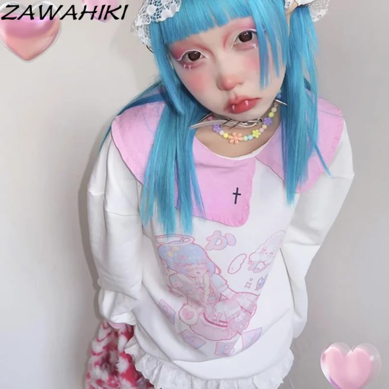 

Kawaii HarajukuT рубашка для женщин весна осень с длинным рукавом оверсайз Повседневный пуловер Топы мультяшный принт милые E-girl толстовки