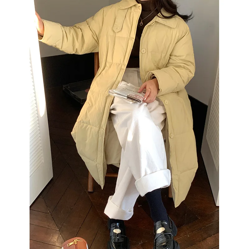 Autumn Winter Down Jacket Lapel Button Loose Long Coat Thin Comfortable Cold Insulation Thick Warm Bread Cotton Women's Blouse