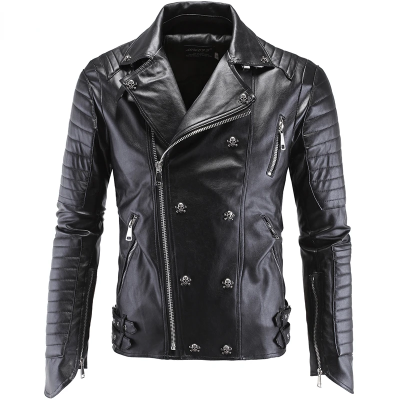 2022 Brand Skull Leather Jacket Men Punk Style Black Coat High Quality Long Sleeve Vintage Zipper Faux Biker Leather Jacket Men