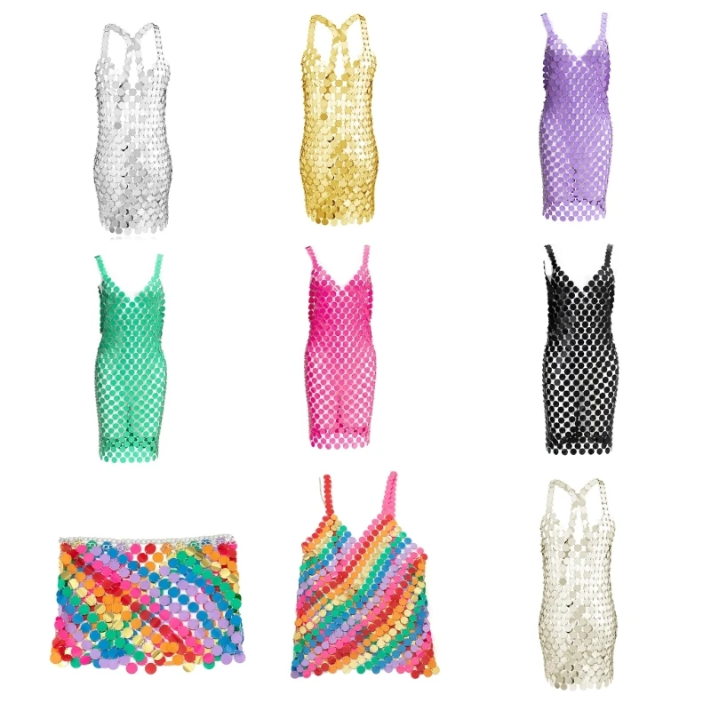 

50JB Womens Shiny Sequin Sleeveless Dress Body Chain Harness Nightclub Party Costume