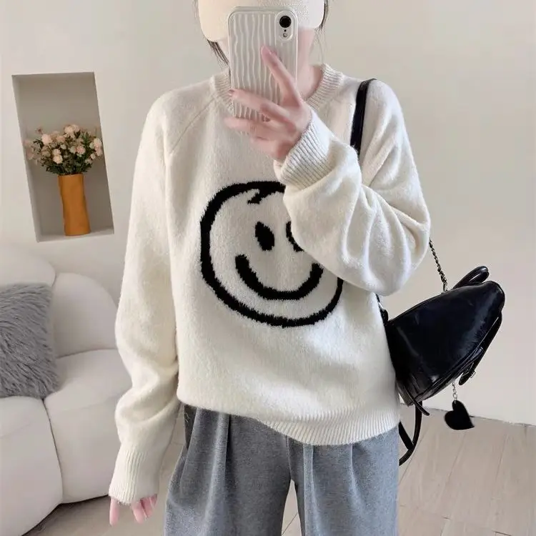 

Hsa/зимние черно-белые вязаные свитера в стиле ретро; Классические пуловеры в стиле унисекс со смайликом; Теплые удобные уличные джемперы