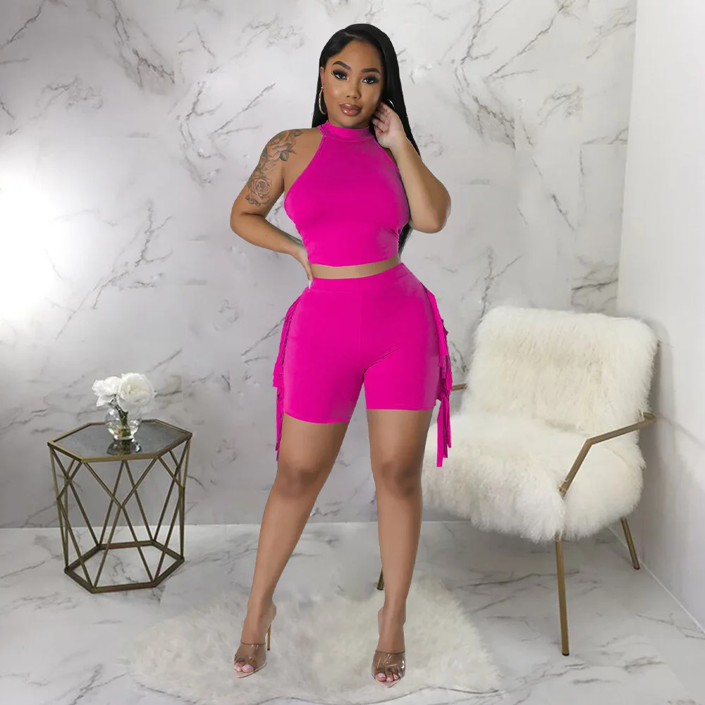 

Женский спортивный костюм с кисточками комплект из двух предметов короткий топ без рукавов с открытыми плечами и облегающие шорты повседневная и праздничная одежда уличная одежда для женщин на лето
