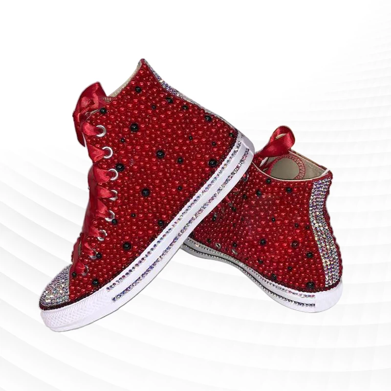 

Handmade pearl rhinestone high-top canvas shoes niche fashion custom trimmed street shoes 35-46