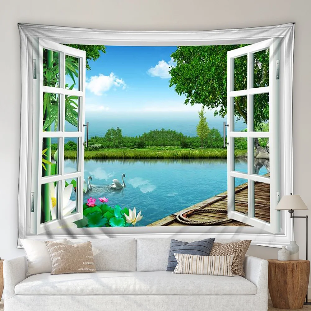 

Window Scenery Tapestry Autumn Forest Lake Lotus Living Room Art Wall Hanging Wall Blanket Nordic Room Decor Mural Tapestries