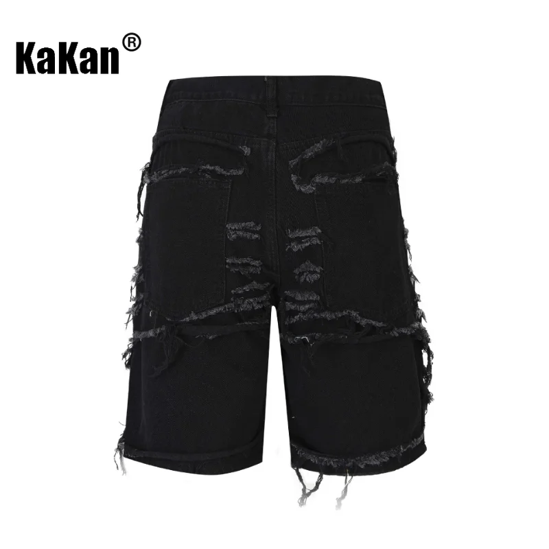 Kakan - Broken Street Hole Cut Cat Beard Jeans Men's Capris, Personalized Fashion Brand Loose Wide Leg Jeans K57-CG86811