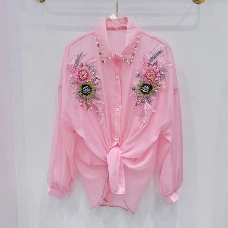 Тяжелая промышленная трехмерная Цветочная кружевная блузка с оборками женская