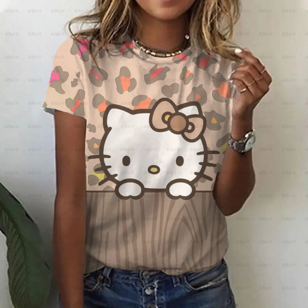 

Женская футболка с абстрактным 3D-принтом Hello Kitty, летний топ с круглым вырезом, базовый Свободный Топ с мультяшным принтом, новинка 2022