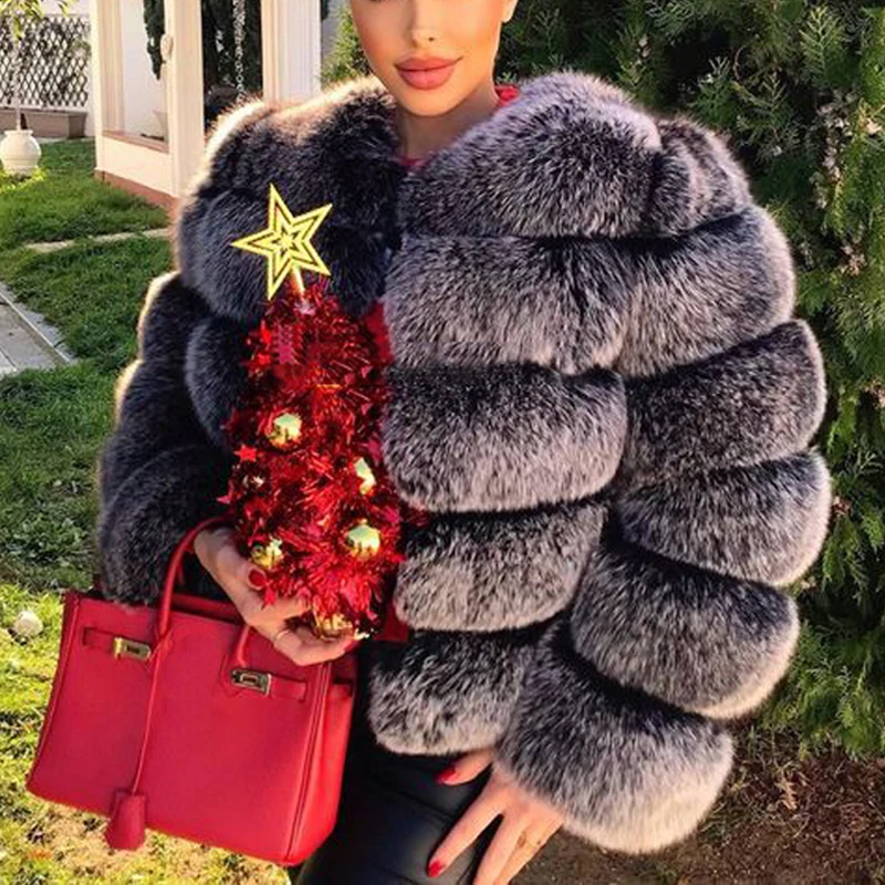 

Женское зимнее пальто из искусственного лисьего меха, с длинным рукавом