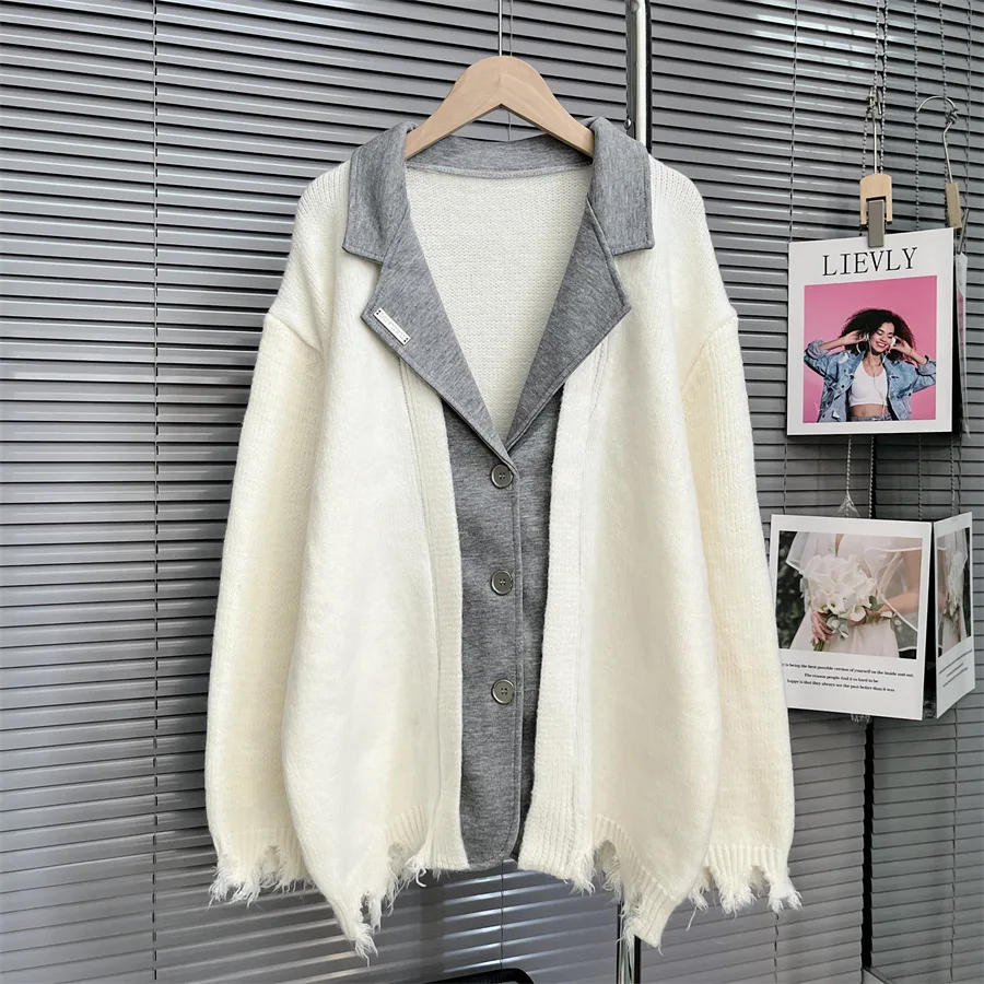

Fashion Fake Two-piece Women Sweater Splicing Suit Jacket Knitted Female Cardigan Top