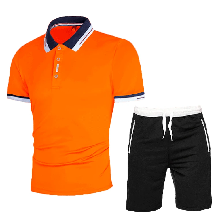 Summer New Man Patchwork short-sleeved T-shirt+shorts 2-piece suit lapel slim polo shirt Men's Sets Elastic waist Asian size