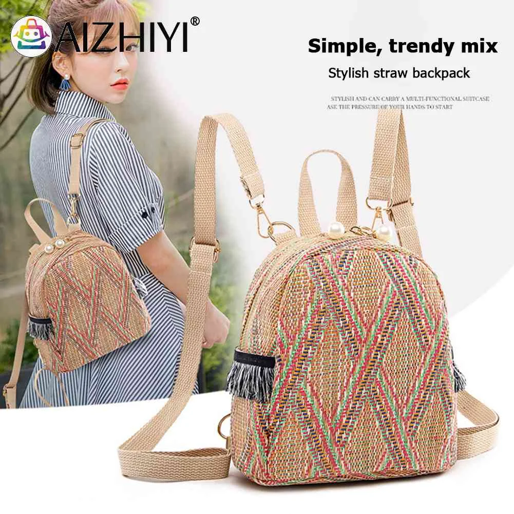 

Stripe Print Small Backpacks Women Straw Woven Shoulder School Bags Knapsack High Quality Coin Purse Beach Bag New Style Fashion
