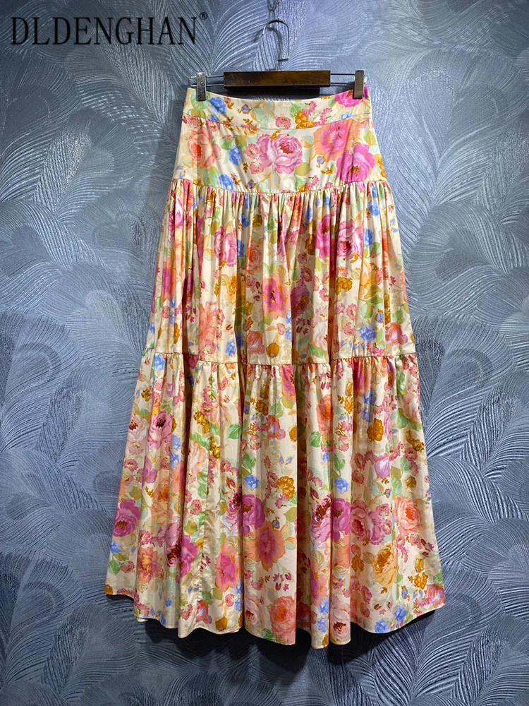 

DLDENGHAN Vintage Party 100% Cotton Skirts Women High Waist Flowers Print Spring Summer Bohemian Long Skirts Fashion Runway New