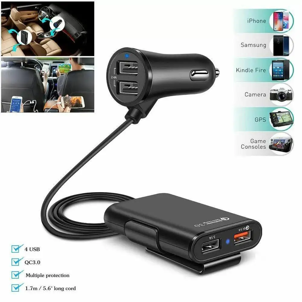 

Car Cigarette Lighter 4 Ports QC3.0 2.4A 3.1A USB Car Charger Universal USB Fast Adapter With 5.6ft Extension Cord Cable For MPV