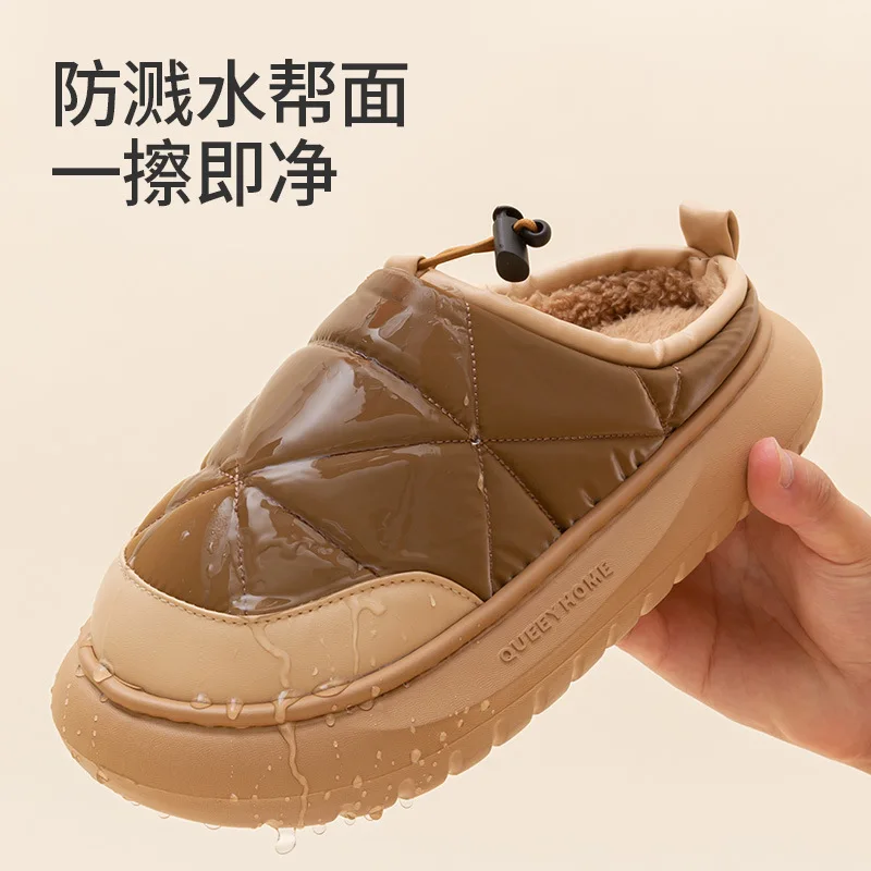 Indoor Winter Women Home Cotton Slippers Waterproof Non-Slip Plush Slides House Lined Fur Hairy Warm Ladies Man Couples Shoes