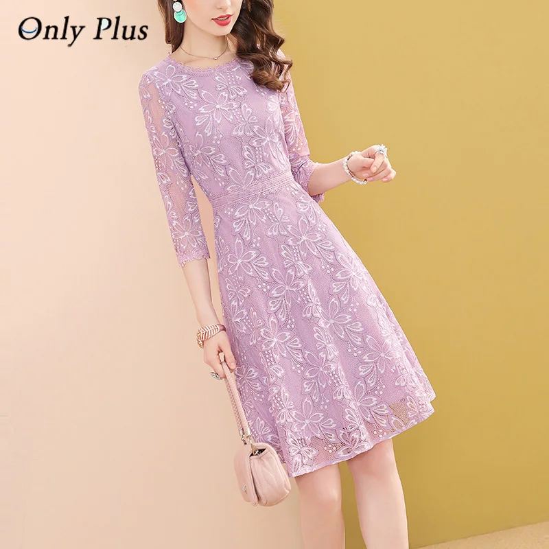 

EVNISI Elegant Purple Lace Dress Women Spring 2022 New Floral Dresses Casual Party A-line O-neck Sweet Vestidos Pink Dress