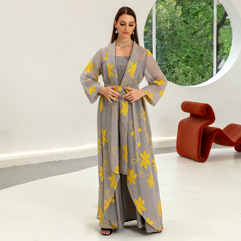 Mesh 2 Piece Abaya Set Muslim Embroidery Long Slip Flower Maxi Dress For Women With Belt Islamic Arab Dresses Dubai And Turkish